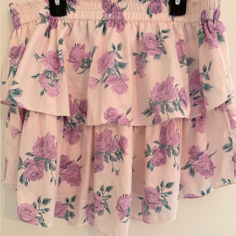 LoveShackFancy Pink Floral Ruffle Mini Skirt